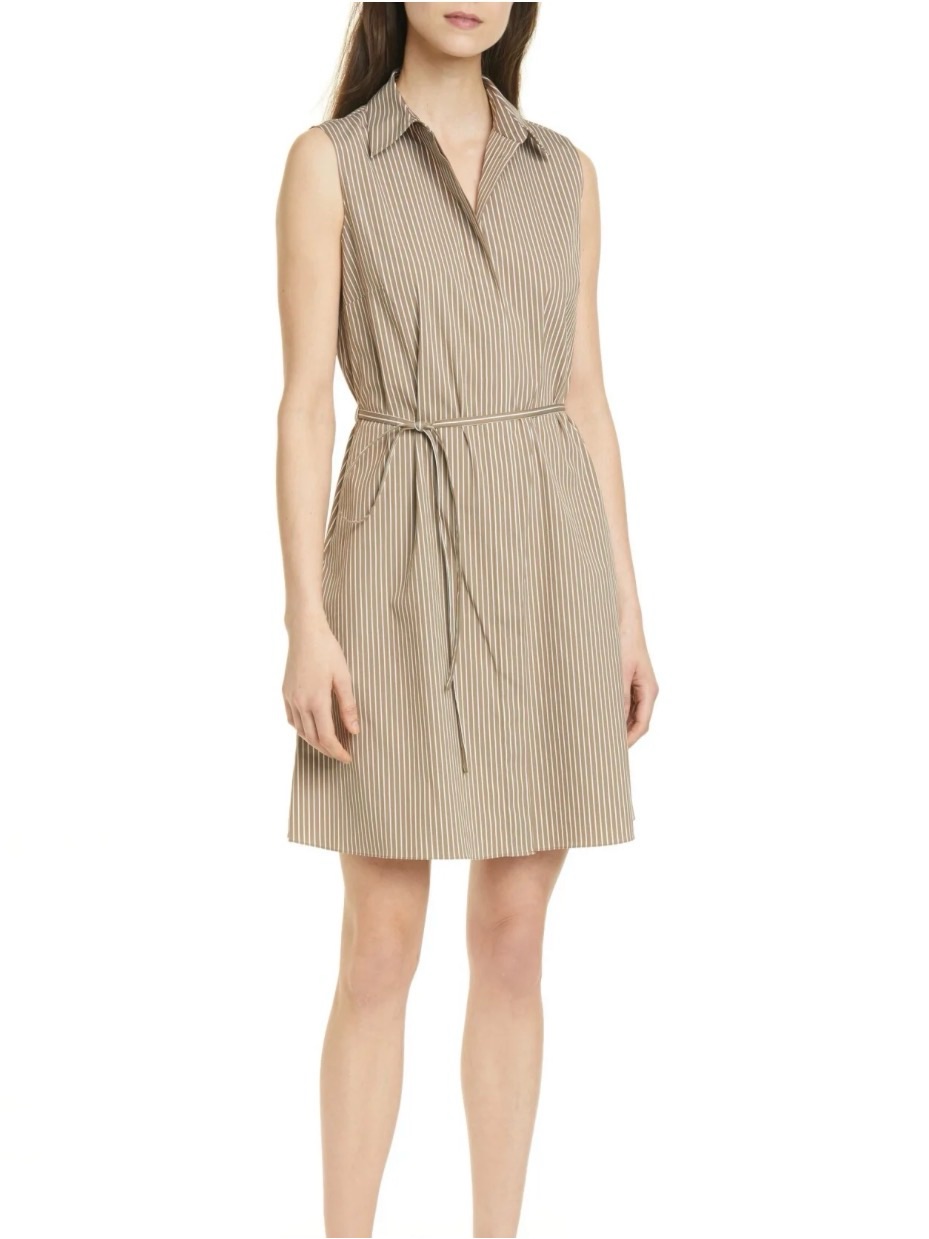 Theory Pinstripe Poplin Light Brown Button Up Sleeveless Shirt Dress 12